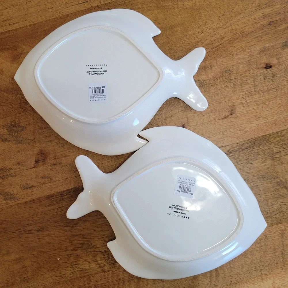 Set of 2 Pottery Barn Seashore Fish Plates  White Ceramic Textured